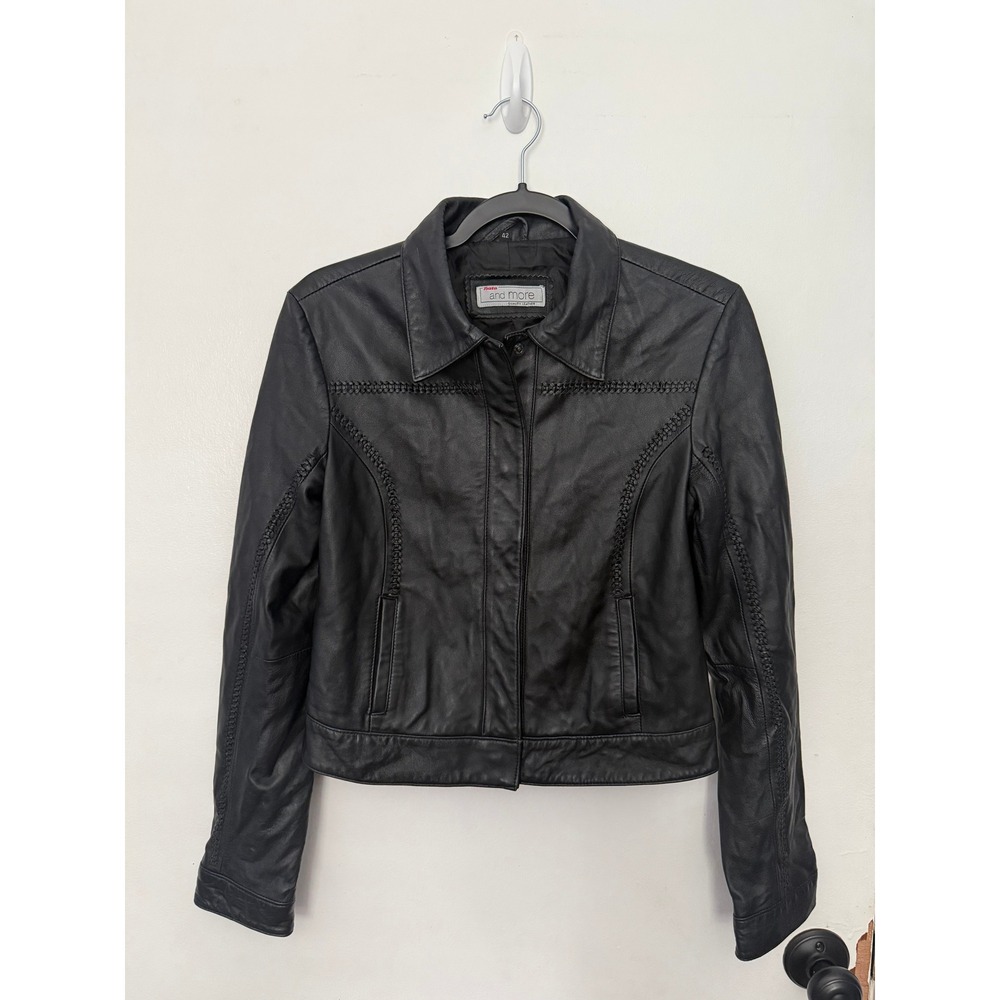 Bata and More Black Leather Whipstitch Jacket Womens Snap Button Cropped S